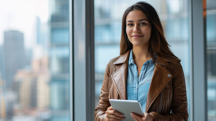 Canvas Print - Young woman holding a tablet, standing confidently in an office environment with a large window and urban view in the background.