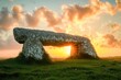 A tranquil sunset scene behind an ancient megalithic stone structure in a picturesque grassy countryside.