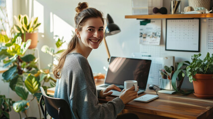 Sticker - Young woman is focused on working on her laptop in a modern office