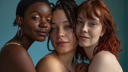 Sticker - Three young women with diverse skin tones are posing closely together, smiling