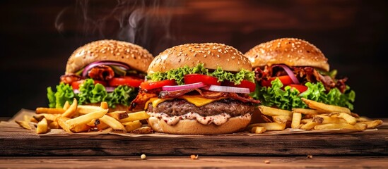 Sticker - Sizzling Hamburger, Golden Fries, and Rustic Wooden Table: A Mouthwatering Trio on Display