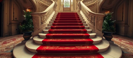 Sticker - Beautiful Stone Staircase Covered in Rich Red Carpet Creates a Luxurious Ambience