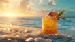 realistic illustration of a peach fuzz drink in a glass on the beach