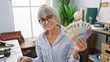 © Krakenimages.com - Smiling mature woman displaying hong kong dollars in a modern office environment.