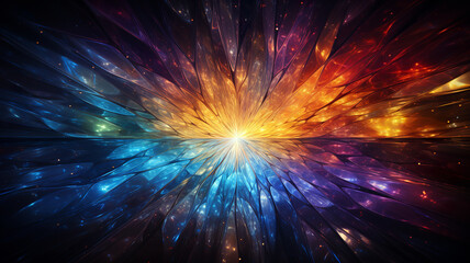 Wall Mural - A radiant explosion of blue and orange light beams emanates from a central bright point, creating a vibrant, abstract cosmic display.Background concept.AI generated.