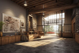 Fototapeta  - Interior of modern office lobby with wooden walls, concrete floor and wooden reception desk