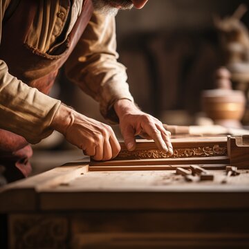 Craftsman's Precision: Close-Up of Cabinet-Maker Skillfully Working with Wood