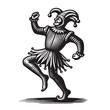 © Victoria - Dancing medieval jester. Vintage engraving vector illustration. Logo, emblem, woodcut. Black and white line art