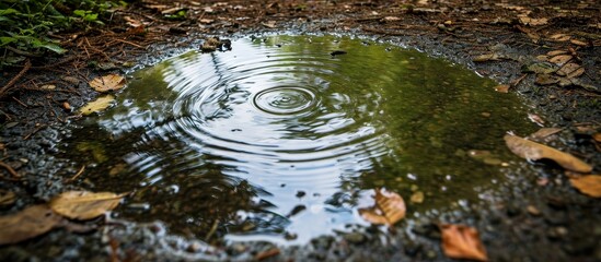 Poster - Small Puddle Creates Mounting Ripples in a Serene Small Puddle Reflection