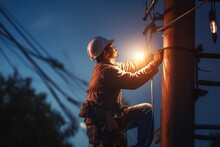 A Man Standing On A Telephone Pole With A Light On. Suitable For Illustrating Electrical Work Or Nighttime Street Scenes