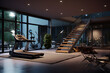 modern basement with a glass enclosed home gym