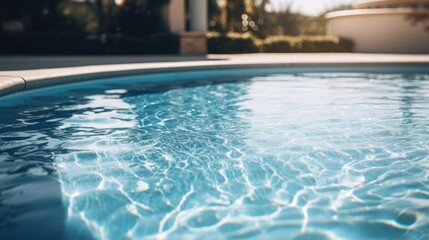 Canvas Print - A picturesque pool with a serene blue water surface and a charming house in the background. Ideal for promoting relaxation and a luxurious lifestyle