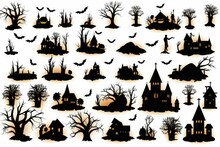 A Collection Of Spooky Silhouettes Featuring Haunted Houses And Eerie Trees. Perfect For Halloween-themed Designs And Decorations