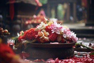 Sticker - A bowl filled with a variety of colorful flowers sitting on top of a table. Perfect for adding a touch of nature and beauty to any space