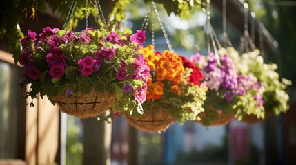 Wall Mural - A row of hanging baskets filled with vibrant flowers. Perfect for adding a touch of color and beauty to any outdoor space