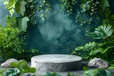Fototapeta  - Concrete podium in lush green setting for product showcase. Ideal background for cosmetic presentations, adorned with vibrant leaves. Versatile mock-up pedestal in nature.