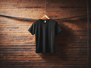Black blank empty t shirt Mock up template isolated on brick wall background, clothing and fashion, lifestyle concept