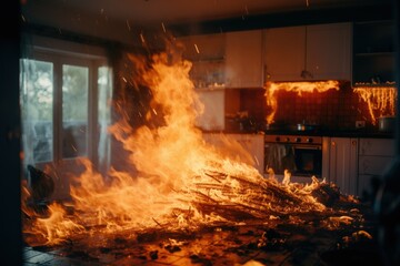 Wall Mural - A large pile of fire in the middle of a kitchen. This image can be used to depict a dangerous situation or as a visual representation of a fire-related incident