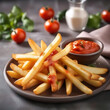 Patatas fritas en un plato con salsa de tomate en un cuenco y algunos tomates