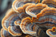 Wavy Turkey Tale Mushroom On Tree. Beautiful Fungi In Brown And Orange Colors