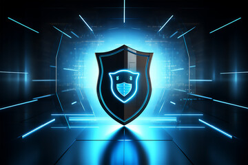 Shield with blue lights and tech background, security concept