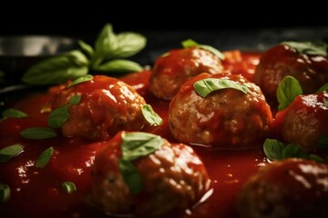 Poster - A plate of meatballs covered in sauce and garnished with basil. Perfect for Italian cuisine or food photography