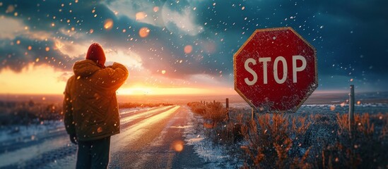 Poster - Man Making a Stop Sign: Captivating Scene of a Man Creating a Commanding Stop Sign