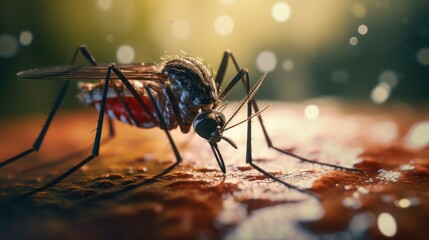 Poster - A detailed close-up of a mosquito on a surface. Ideal for illustrating insect behavior or capturing the intricate details of a mosquito.