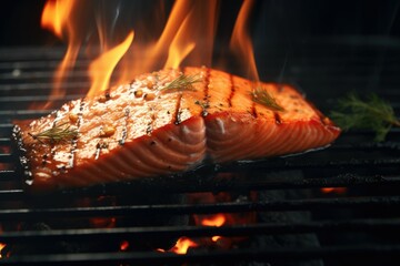 Wall Mural - A piece of salmon cooking on a grill. Perfect for food and cooking-related projects