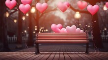 Valentines Background Pink Tones, Wooden Bench, Heart Shaped Balloons, Bokeh Hearts