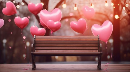 Valentines Background Pink tones, wooden bench, heart shaped balloons, bokeh hearts