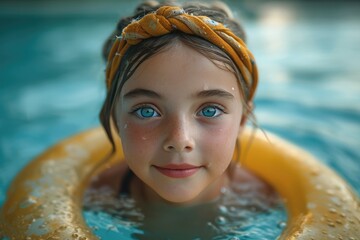 A young woman wearing a yellow headband gazes confidently into the indoor swimming pool, her blue eyes sparkling with determination as she prepares to take on the water