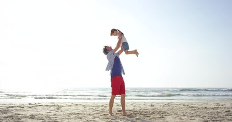 Canvas Print - Child, space or father by ocean to play a game for fun freedom in Brazil with support, care or love. Sky mockup, happy parent or lifting kid in air at sea to enjoy family bonding together in nature