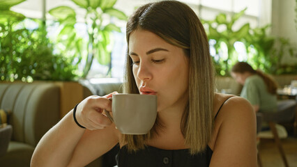 Canvas Print - A young adult hispanic woman enjoys a cup of coffee while sitting at a restaurant table with a beautiful interior.