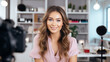 © Natalia Klenova - Young beautiful woman and professional beauty make up artist or cosmetologist vlogger or blogger recording video to share on website or social media
