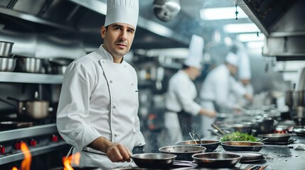 Professional Chef in a Busy Restaurant Kitchen. Generative ai