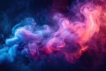 Colorful Smoke On Black Background, Professional Color Grading, A Lively Dance Of Red And Lavender Smoke Curls, Forming A Surreal Pattern That Suggests Motion And Fantasy..