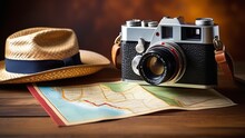 A Postcard With A Vintage Camera On A Map Lying On A Wooden Table With A Straw Hat And A Compass, The Concept Of Congratulations For The Photographer's Day