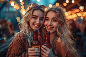 Two happy women capture a moment of friendship and celebration as they pose for a picture, their faces glowing with genuine smiles while holding bottles of their favorite drinks, their stylish outdoo