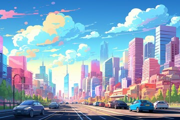 cartoon illustration of a colorful city in sunny scene