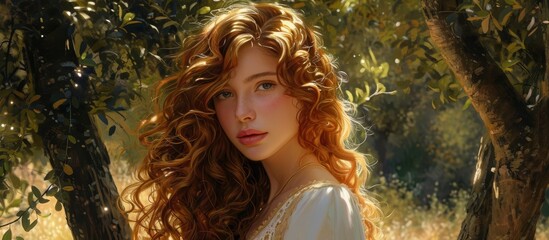 Wall Mural - Curly Girl Ponders the Selection Outdoors: A Captivating Curly-haired Maiden Contemplates Her Options Amidst Nature's Splendor