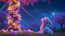 Easter Cartoon Where Animated Lambs Weave Ribbons Around A Maypole Adorned With Pastel-colored Eggs, Set Against A Starlit Night Sky.