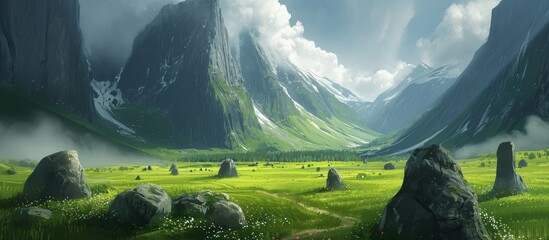 Wall Mural - Majestic Mount and Serene Valley Unveiled in Sandy Road amidst Lush Grass, Towering Stones