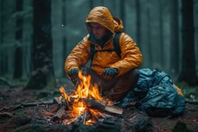 A Rugged Firefighter In A Bright Yellow Jacket Warms Himself By The Roaring Flames Of An Outdoor Campfire, Surrounded By The Intense Heat And Raw Power Of Nature