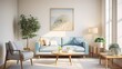 © Nature Lover - A cozy living space featuring a pastel blue loveseat, a woven area rug, and a collection of potted plants adding a refreshing touch against cream-colored walls.