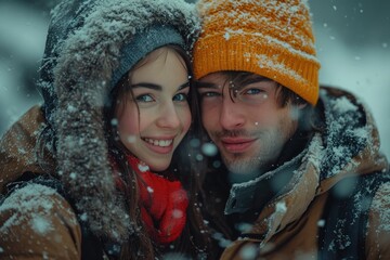 A smiling woman wearing a winter bonnet and warm clothing stands next to a man in the snow-covered outdoors, their human faces radiating with joy and warmth