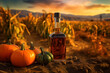 Beautiful glass bottle of pumpkin oil with orange and green pumpkins are standing on ground in field. Generative ai.