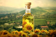 Glass bottle with a cork stopper with sunflower oil. A transparent vial with a yellow liquid and a sunflower inside. Generated by AI.