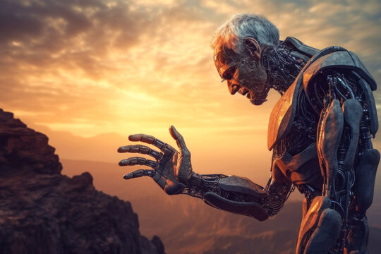 The old robot stands with its mechanized arm outstretched and its gray-haired head bent. Senior android on the backdrop of a natural landscape. Generated by AI.