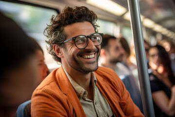 Wall Mural - A commuter shares a smile with a fellow passenger on a crowded train, creating a brief yet genuine connection amidst the hustle and bustle of daily life.  Generative Ai.